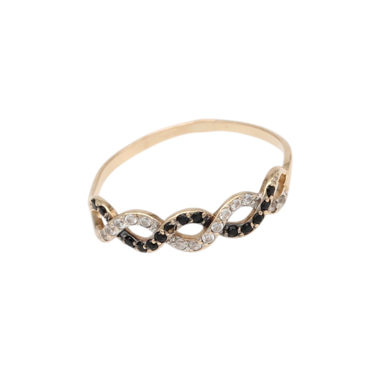 8a177e1f81ecf8880012c37e79e37374jpg - Mezola OÜ Gold ring featuring two intertwined loops encrusted with alternating black and clear stones on a polished band
