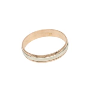 Two-tone wedding band with rose gold outer edges and a white gold center stripe, minimalist design.