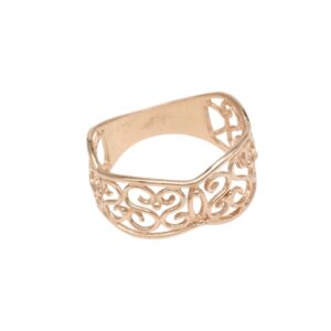 Rose gold ring with intricate filigree openwork pattern in scrolling swirls.