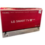 Red LG Smart TV box packaging for model 43LM63 (43 inches) featuring AI thinQ and quad‑core processor.