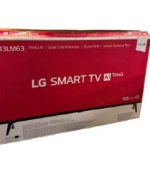 Red LG Smart TV box packaging for model 43LM63 (43 inches) featuring AI thinQ and quad‑core processor.