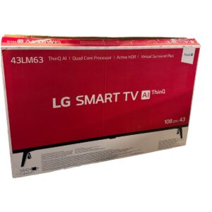 Red LG Smart TV box packaging for model 43LM63 (43 inches) featuring AI thinQ and quad‑core processor.