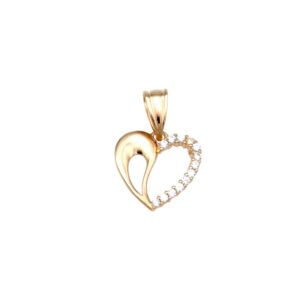 Gold heart pendant in yellow gold, with one open curved side and a row of small diamonds along the right edge