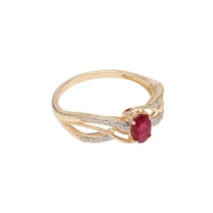 Gold ring with a twisted band and a central red gemstone flanked by small diamonds along the band.