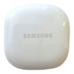 White Samsung earbud charging case with a faint logo on the front surface