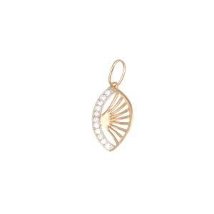 Gold shell-shaped pendant with a diamond-encrusted curved edge and sunburst rays inside, on a small loop for a chain.