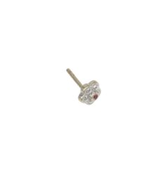 Silver flower-shaped stud earring with a small purple gemstone in the center