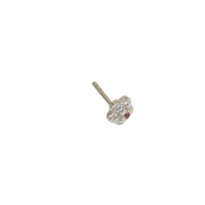 Silver flower-shaped stud earring with a small purple gemstone in the center