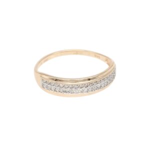 Gold band ring with a row of small diamonds set along the top half, curb-style design