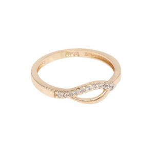 Gold ring with a curved twist and a row of small diamonds along one edge, in rose gold finish.