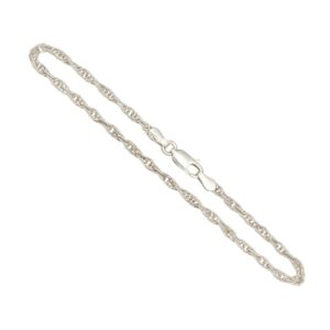 Silver chain bracelet with a lobster clasp laid diagonally on a white background.