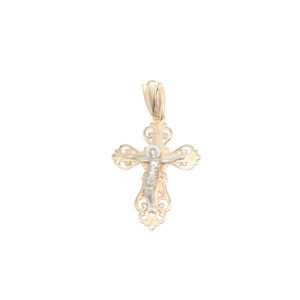 Gold filigree cross pendant with a silver crucified figure in the center