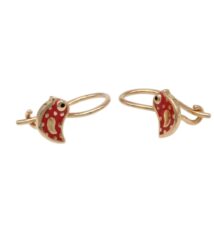 Gold-tone hoop earrings with red enamel ladybug charms facing each other.