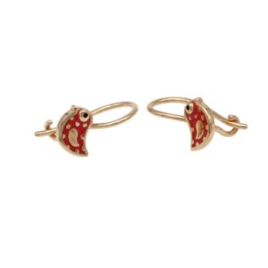 Gold-tone hoop earrings with red enamel ladybug charms facing each other.