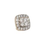 Gold ring with a square halo setting: a central diamond surrounded by two rows of smaller diamonds in yellow gold.
