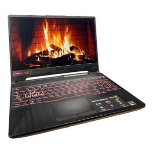 ASUS TUF gaming laptop with a flames wallpaper on the screen, angled open view.