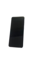 Close-up of a black smartphone with curved edges against a white background (bottom-left of the image).
