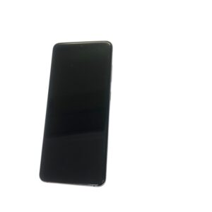 Close-up of a black smartphone with curved edges against a white background (bottom-left of the image).