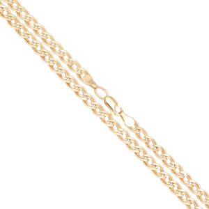 Two parallel gold chains with lobster-claw clasps on a white background (close-up)