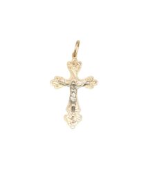 Ornate gold cross pendant with a silver crucified figure at the center.