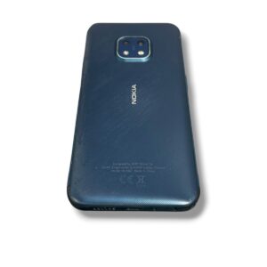 Blue Nokia smartphone back with a square camera module at the top center and branding visible on the back panel