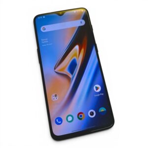 Tilted smartphone displaying home screen with Google search bar and app icons (Google Play, Chrome) on a colorful wallpaper