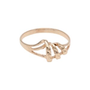 Rose gold ring with intertwined, twisted bands and a faceted knot centerpiece.