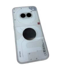 Back view of a white smartphone with the casing removed, showing dual-camera module and circular internal components