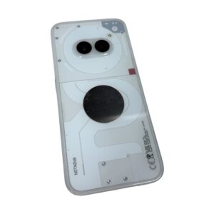 Back view of a white smartphone with the casing removed, showing dual-camera module and circular internal components