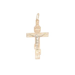 Gold cross pendant with Jesus figure, hanging loop at top, decorative detailing on the cross arms and base.