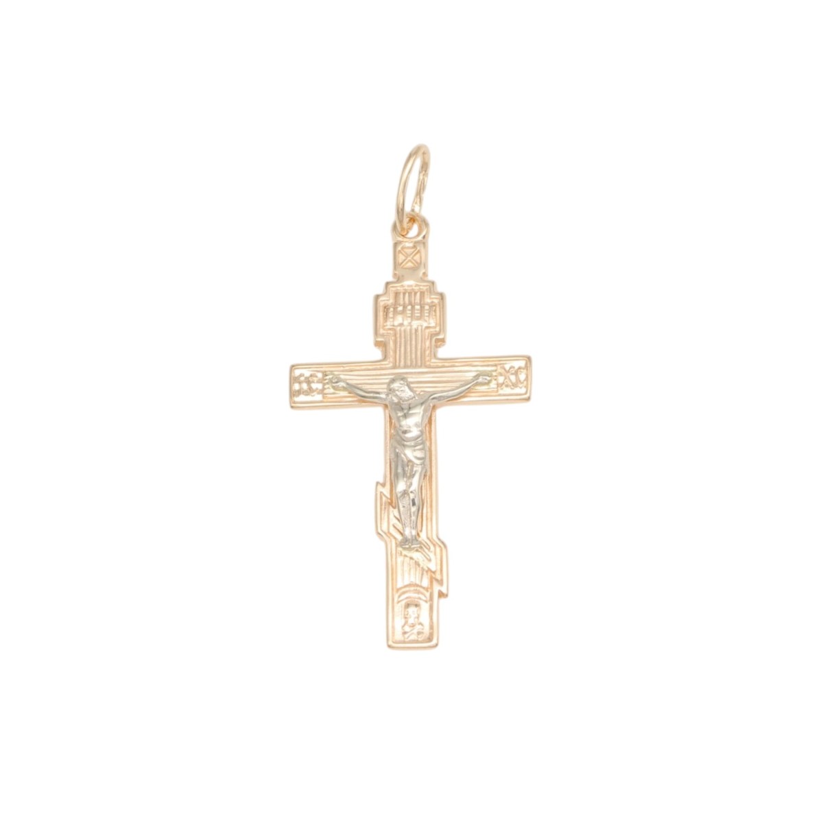 e2f18fc3c56b14870eb622bec23cb419jpg - Mezola OÜ Gold cross pendant with Jesus figure, hanging loop at top, decorative detailing on the cross arms and base.