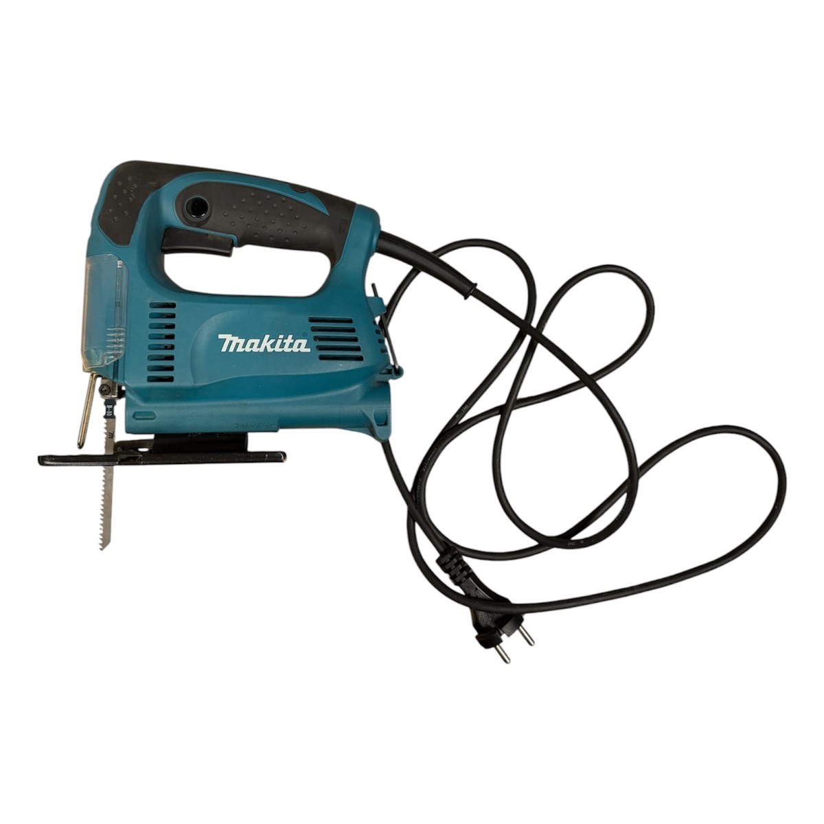 e798aa66d46ffa9ca24af39eef73c51bjpg - Mezola OÜ Blue Makita corded jigsaw with black grip, blade visible and power cord trailing behind it