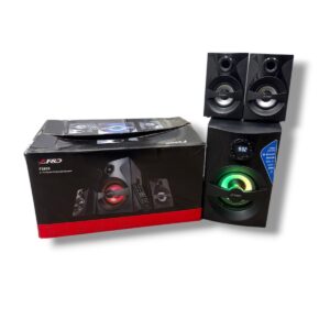 Boxed F&D 2.1 computer multimedia speaker set (F380X) with two satellite speakers and a subwoofer showing a green LED ring on the front panel.