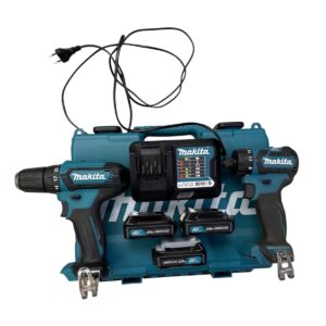Makita cordless drill driver kit with charger, two 12V Li‑ion batteries, and an organizer base.