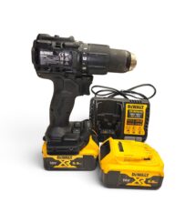 DeWalt cordless drill with two 18V XR batteries and charger on white background