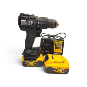 DeWalt cordless drill with two 18V XR batteries and charger on white background