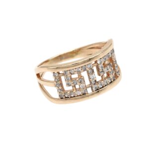 Gold ring with a decorative lattice of small diamonds on a yellow-gold band.