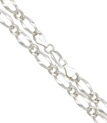 Close-up of a silver chain bracelet with elongated oval links and a lobster clasp, stamped S925 Italy.