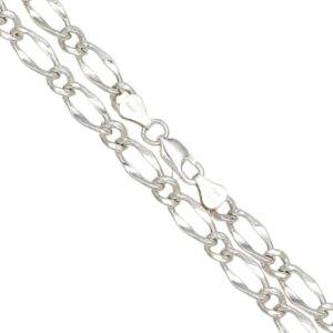 Close-up of a silver chain bracelet with elongated oval links and a lobster clasp, stamped S925 Italy.
