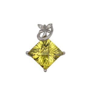 Silver pendant with a yellow square-cut gemstone and a decorative leaf-bail motif above it