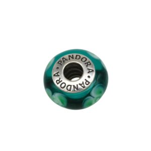 Green glass bead with a silver Pandora core around a central hole, featuring teal-green swirls.