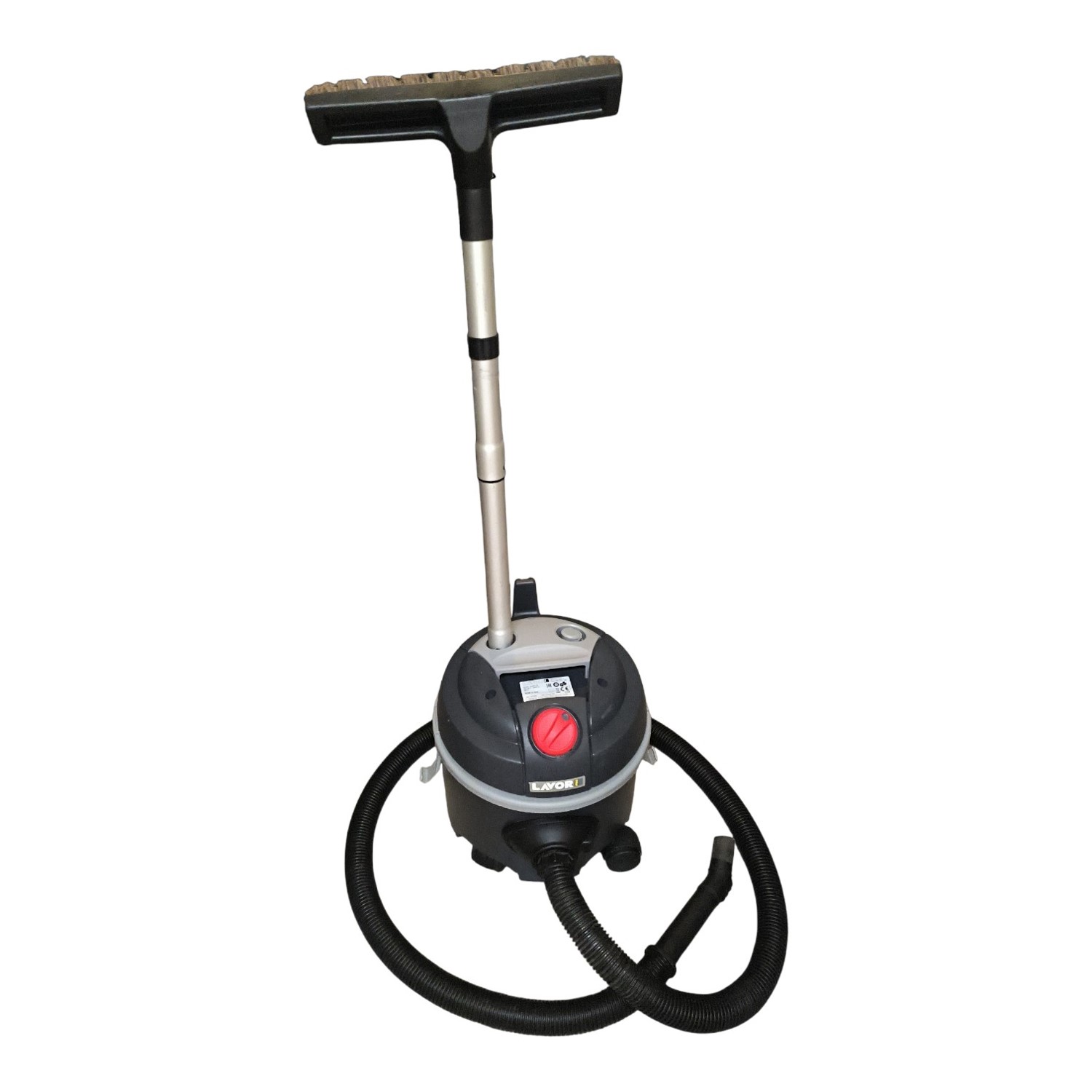 0dc6405b250931865f2f879824064115jpg - Mezola OÜ Upright floor cleaning machine with a long metal stem, T-shaped handle, and a circular base with hoses attached (LAVOR brand).