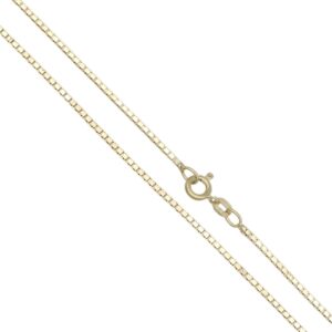 Two gold-tone square-link chains running diagonally with a spring-ring clasp at the end