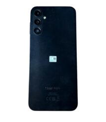 Back of a black Samsung smartphone with a triple camera module in the top-left corner and rounded edges.