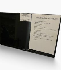 LED TV with a model-spec document attached on the screen, labeled Teler eSTAR LEDTV24D5T2