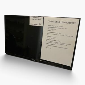 LED TV with a model-spec document attached on the screen, labeled Teler eSTAR LEDTV24D5T2