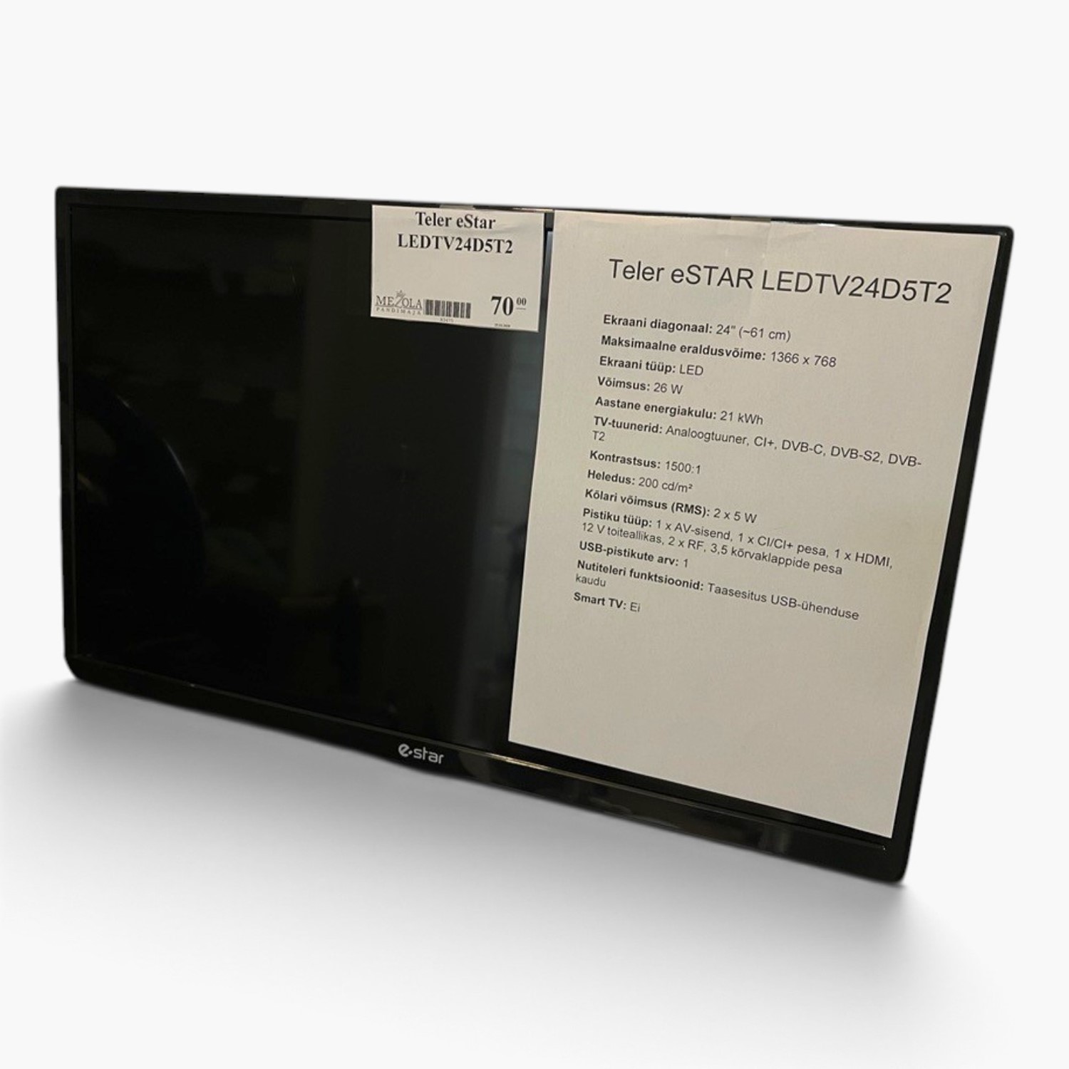 11f1bd52ed1cf0595b1cb6fb4f0f5caajpg - Mezola OÜ LED TV with a model-spec document attached on the screen, labeled Teler eSTAR LEDTV24D5T2