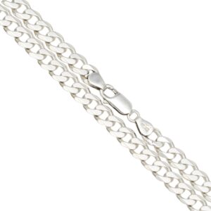 Close-up of a double silver Cuban-link chain bracelet with a lobster-claw clasp and a small tag legible nearby.