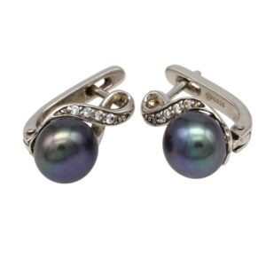 Pair of silver earrings featuring dark iridescent pearls with a curved row of small diamonds.