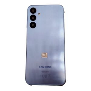 Blue Samsung smartphone back with a vertical triple-camera array in the top-left corner and a subtle dotted texture.